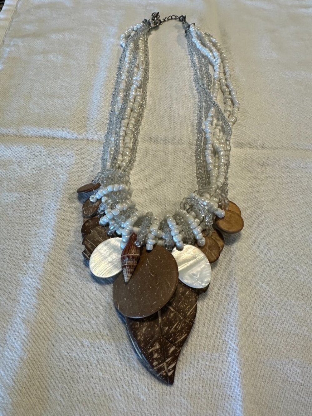 Boho Coastal Multi-Strand Beaded Statement Necklace  Shell, Coconut and Beads